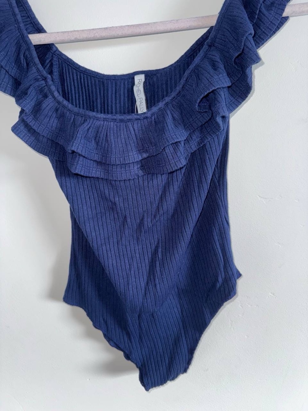 Rachel Pally Navy Ribbed Off-Shoulder Top with Ruffle Trim - Picture 4 of 5